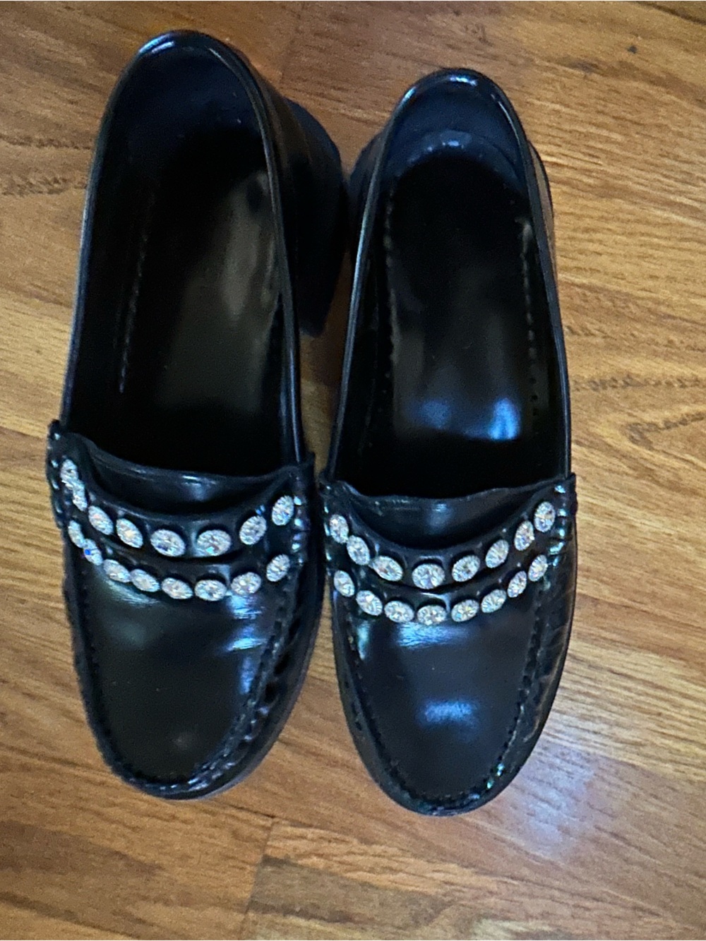 Sandro Black Patent Loafers with Crystal Straps